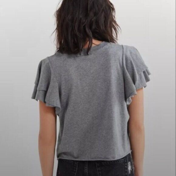 Urban Outfitters Kimchi Blue Tee Odette Ruffled Crop Top Grey Shirt Small - Picture 2 of 7